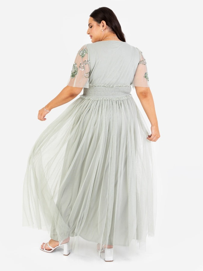 Maya Sage Green Floral Embellished Shirred Waist Short Sleeve Maxi Dress