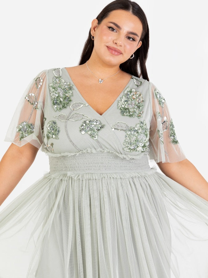 Maya Sage Green Floral Embellished Shirred Waist Short Sleeve Maxi Dress