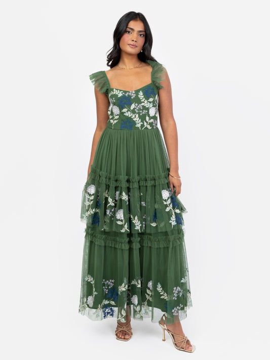 Maya Mid Green Floral Embroidered Tiered Midaxi Dress