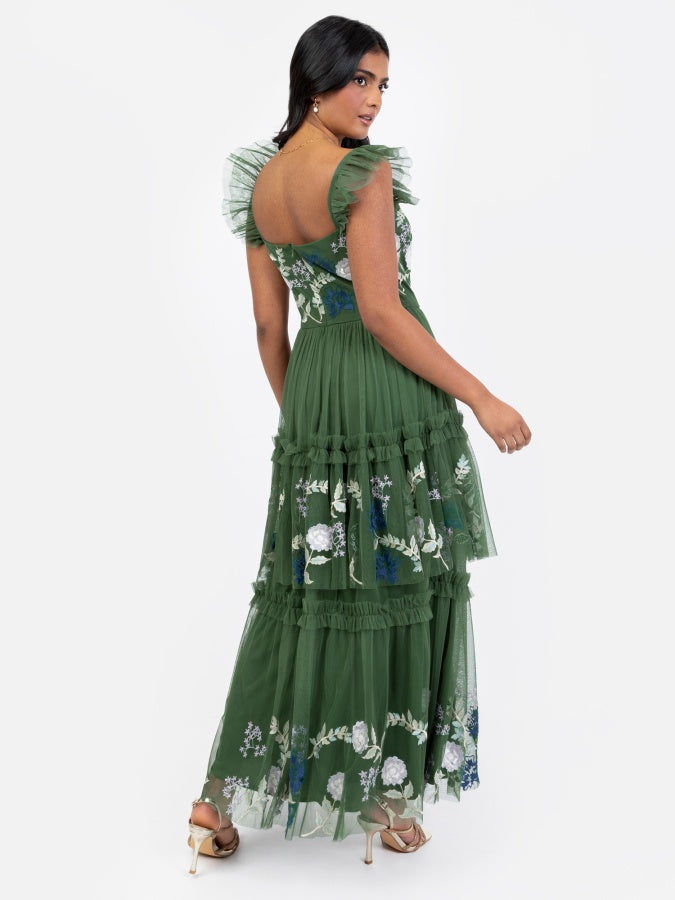 Maya Mid Green Floral Embroidered Tiered Midaxi Dress