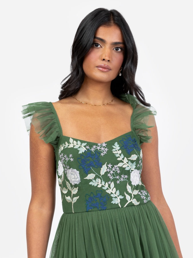 Maya Mid Green Floral Embroidered Tiered Midaxi Dress
