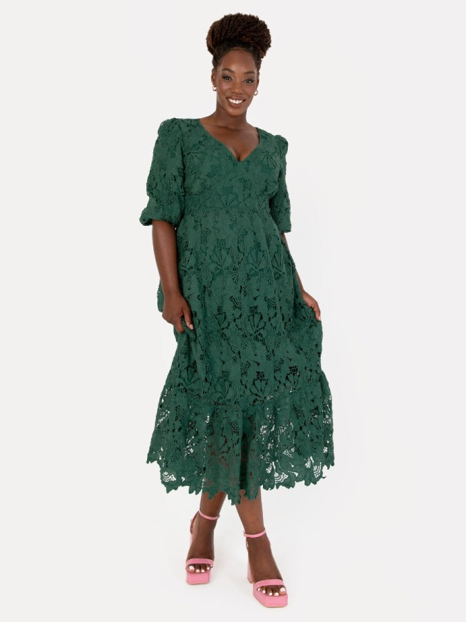Maya Emerald Floral Lace Tie-Back Midaxi Dress