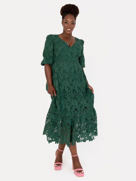 Maya Emerald Floral Lace Tie-Back Midaxi Dress