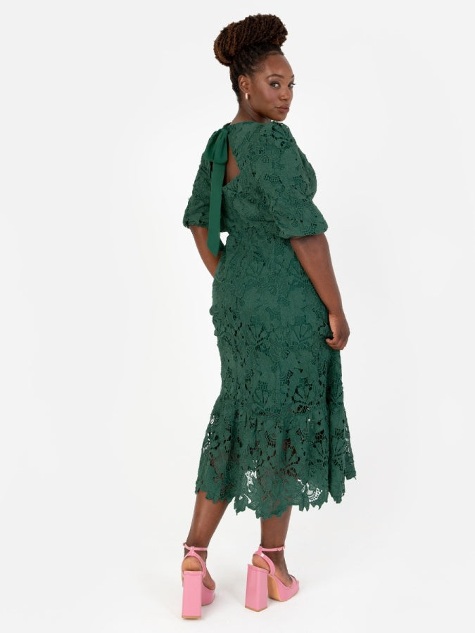 Maya Emerald Floral Lace Tie-Back Midaxi Dress