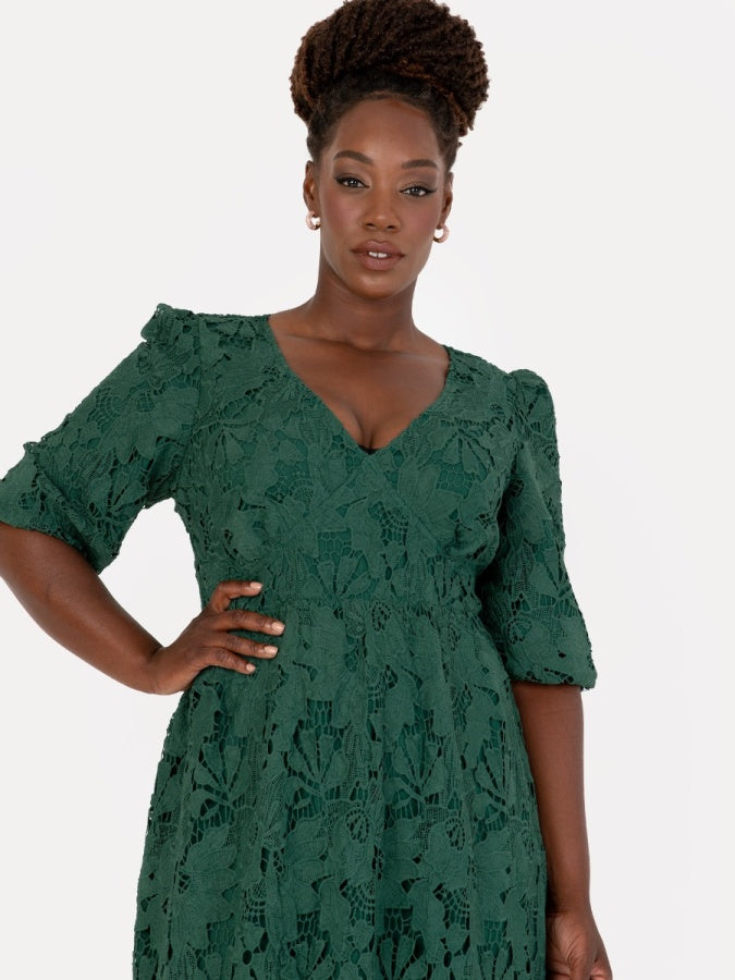 Maya Emerald Floral Lace Tie-Back Midaxi Dress