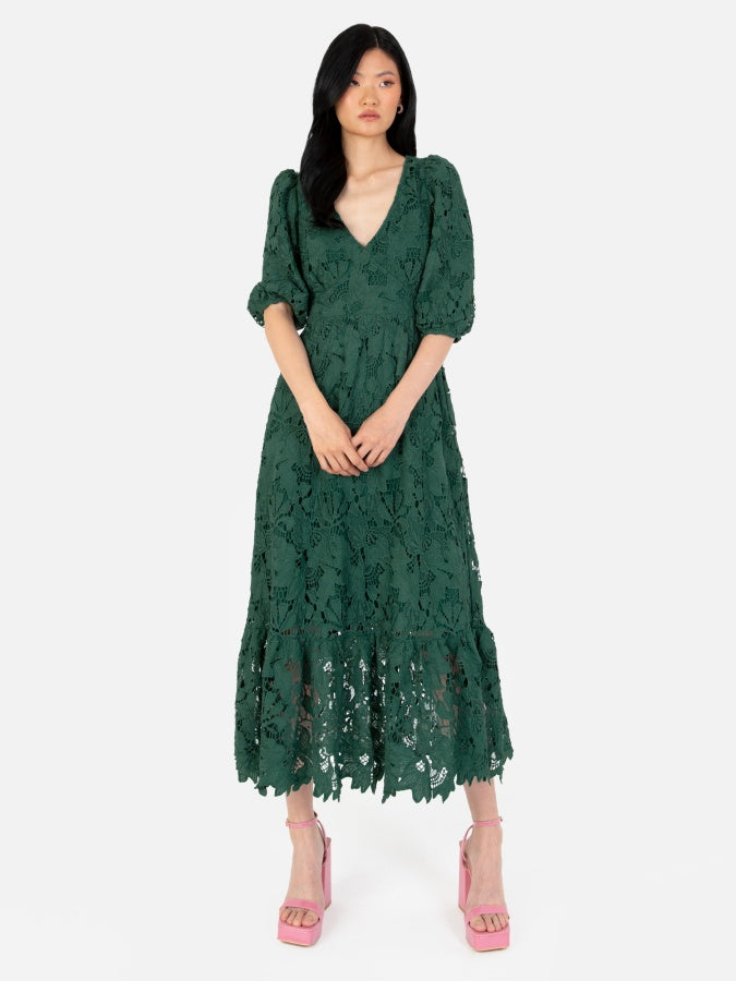 Maya Emerald Floral Lace Tie-Back Midaxi Dress