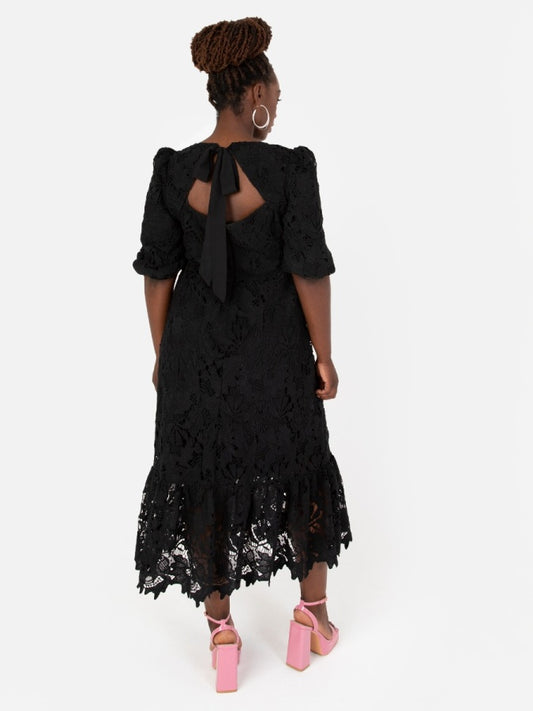 Maya Black Floral Lace Tie-Back Midaxi Dress