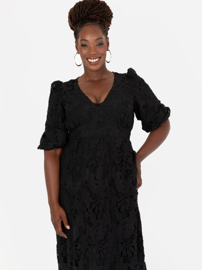 Maya Black Floral Lace Tie-Back Midaxi Dress