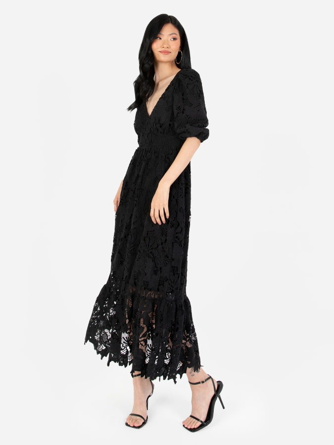 Maya Black Floral Lace Tie-Back Midaxi Dress