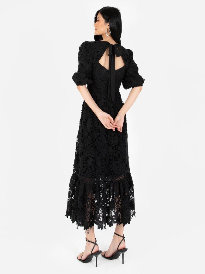 Maya Black Floral Lace Tie-Back Midaxi Dress