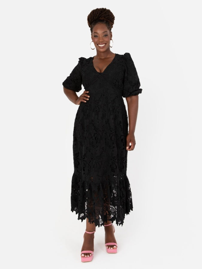 Maya Black Floral Lace Tie-Back Midaxi Dress