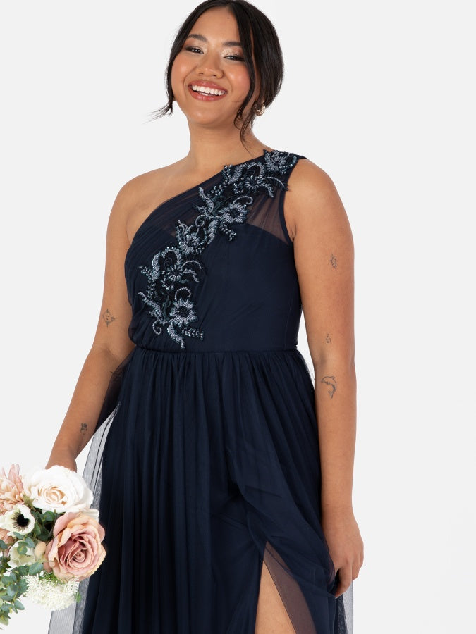 Maya Navy Embellished One Shoulder Maxi Dress