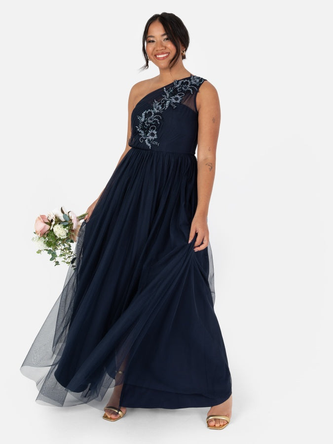 Maya Navy Embellished One Shoulder Maxi Dress