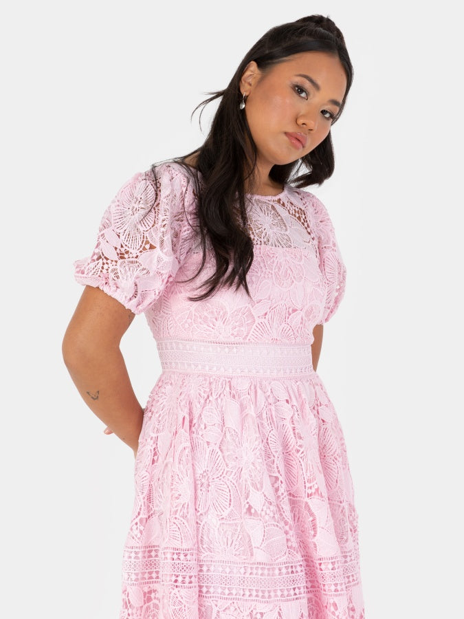 Maya Pink Premium Floral Lace Midi Dress with Lace Up Back