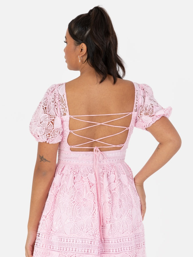 Maya Pink Premium Floral Lace Midi Dress with Lace Up Back