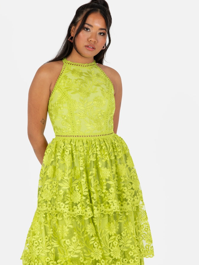 Maya Lime Green Halter Neck Tiered Lace Midi Dress