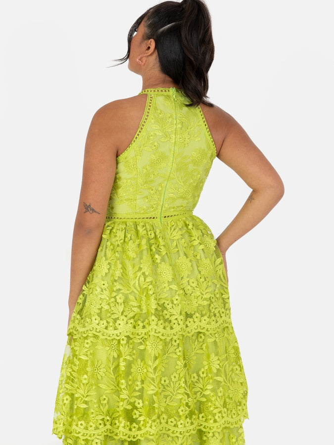 Maya Lime Green Halter Neck Tiered Lace Midi Dress
