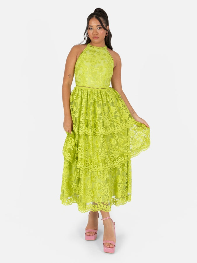 Maya Lime Green Halter Neck Tiered Lace Midi Dress – Maya Deluxe