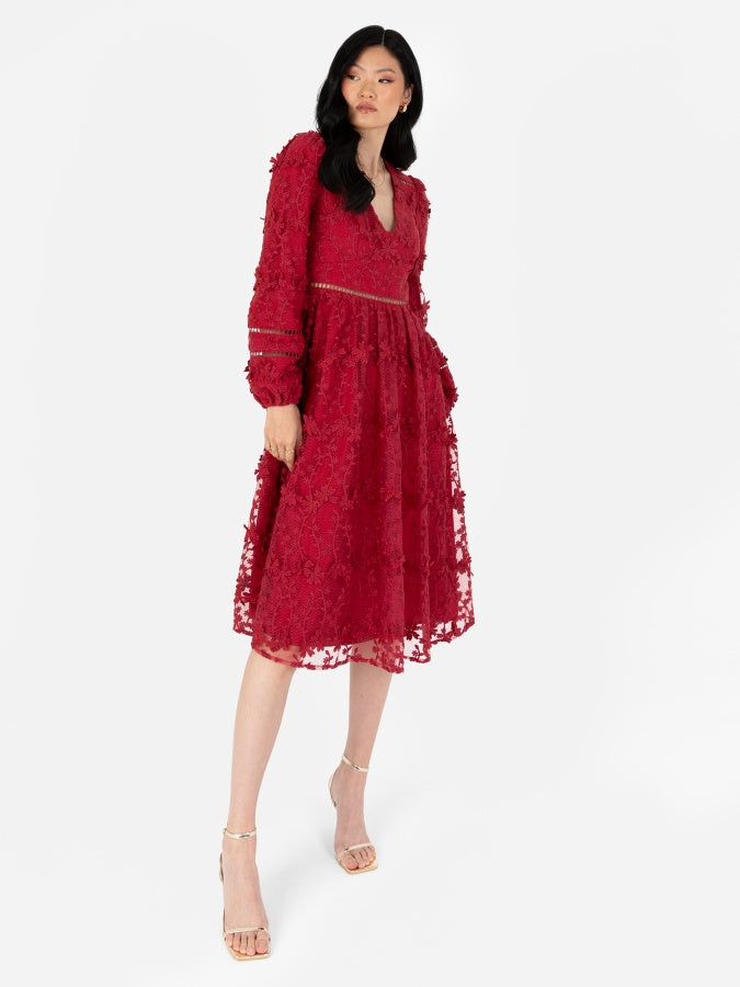 Maya Red 3D Floral Embroidered Long Sleeve Midi Dress