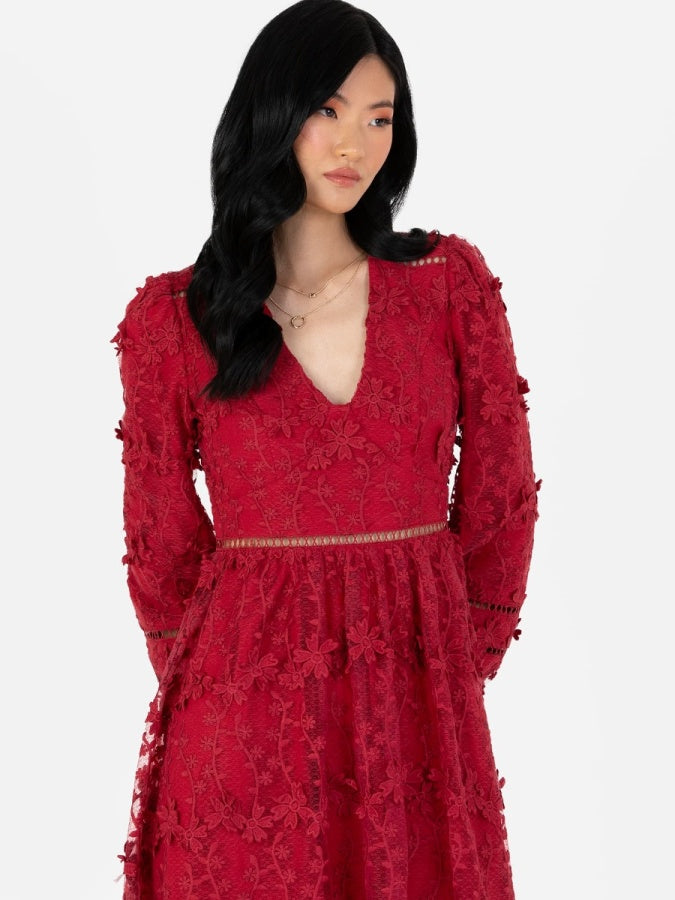 Maya Red 3D Floral Embroidered Long Sleeve Midi Dress