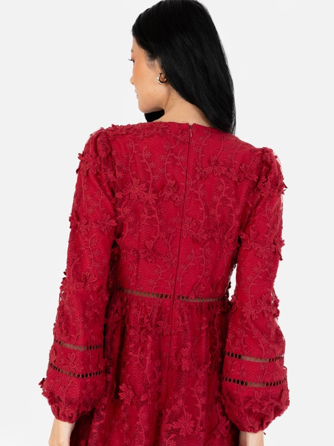 Maya Red 3D Floral Embroidered Long Sleeve Midi Dress