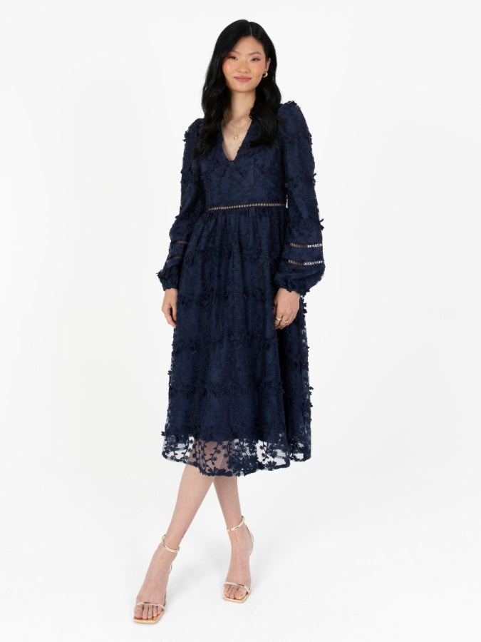 Maya Navy 3D Floral Embroidered Long Sleeve Midi Dress