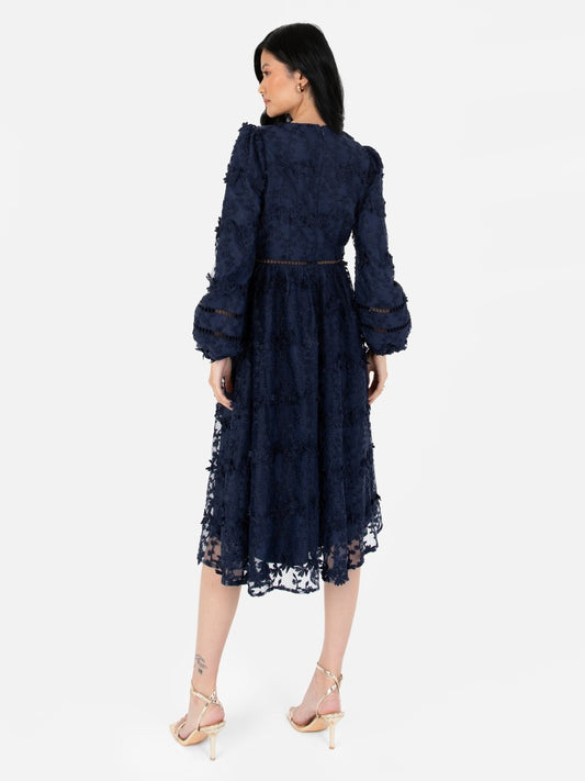 Maya Navy 3D Floral Embroidered Long Sleeve Midi Dress