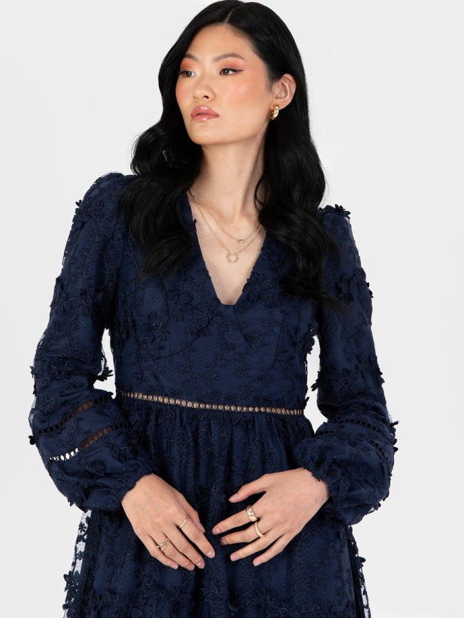 Maya Navy 3D Floral Embroidered Long Sleeve Midi Dress