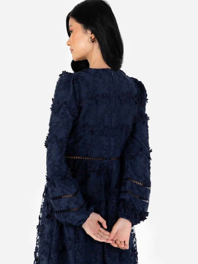 Maya Navy 3D Floral Embroidered Long Sleeve Midi Dress