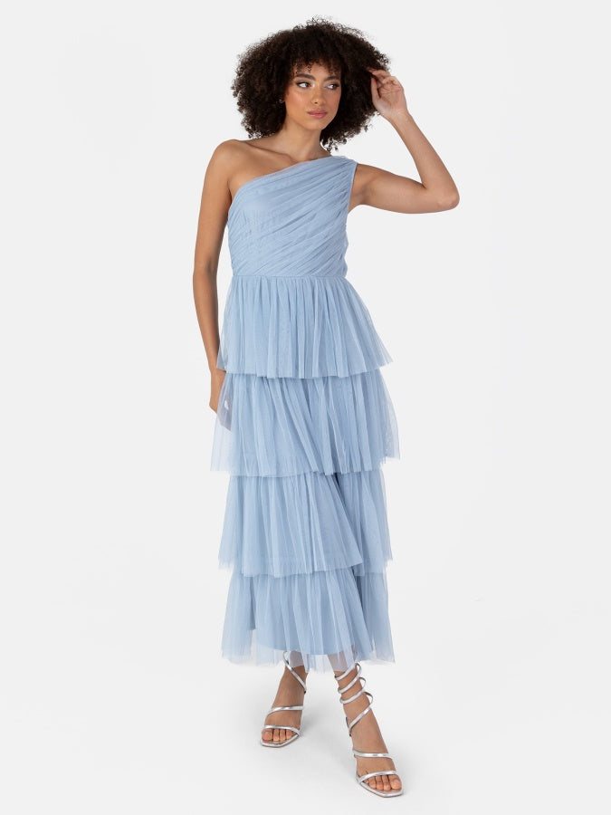 Anaya With Love Recycled Soft Blue One Shoulder Tiered Midi Dress
