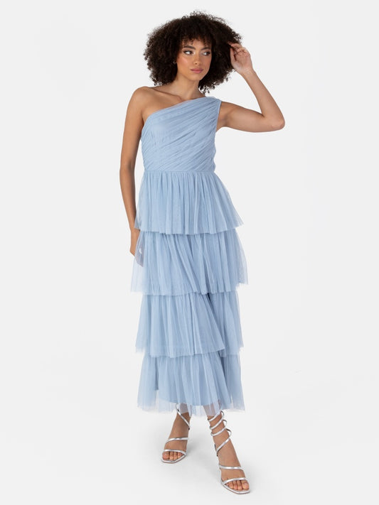Anaya With Love Recycled Soft Blue One Shoulder Tiered Midi Dress