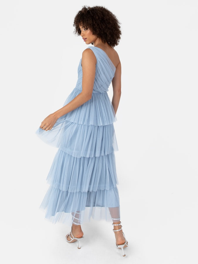 Anaya With Love Recycled Soft Blue One Shoulder Tiered Midi Dress