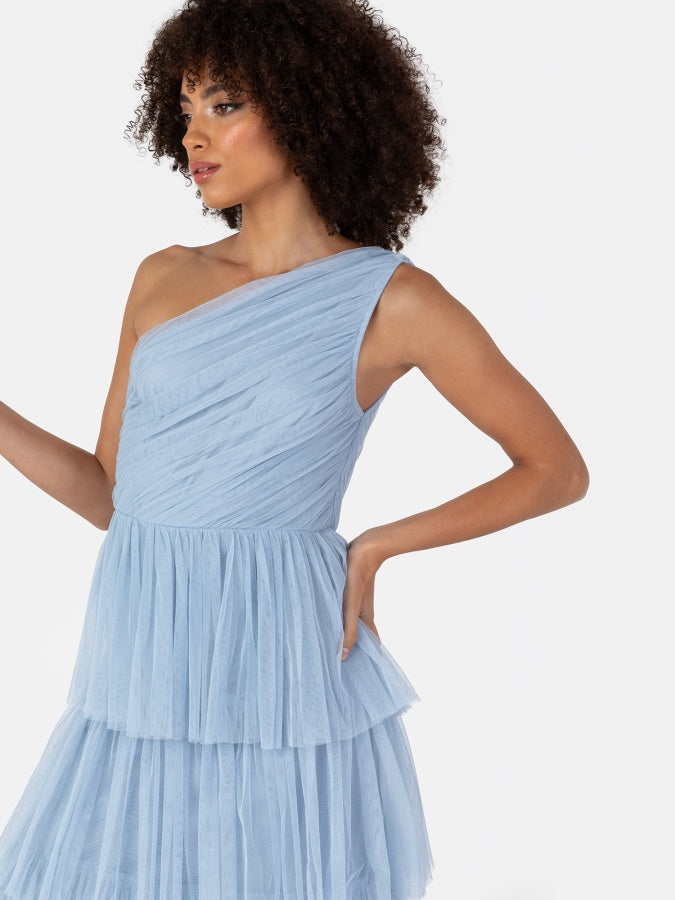 Anaya With Love Recycled Soft Blue One Shoulder Tiered Midi Dress
