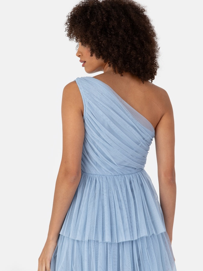 Anaya With Love Recycled Soft Blue One Shoulder Tiered Midi Dress