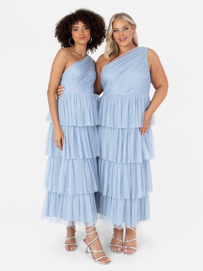 Anaya With Love Recycled Soft Blue One Shoulder Tiered Midi Dress