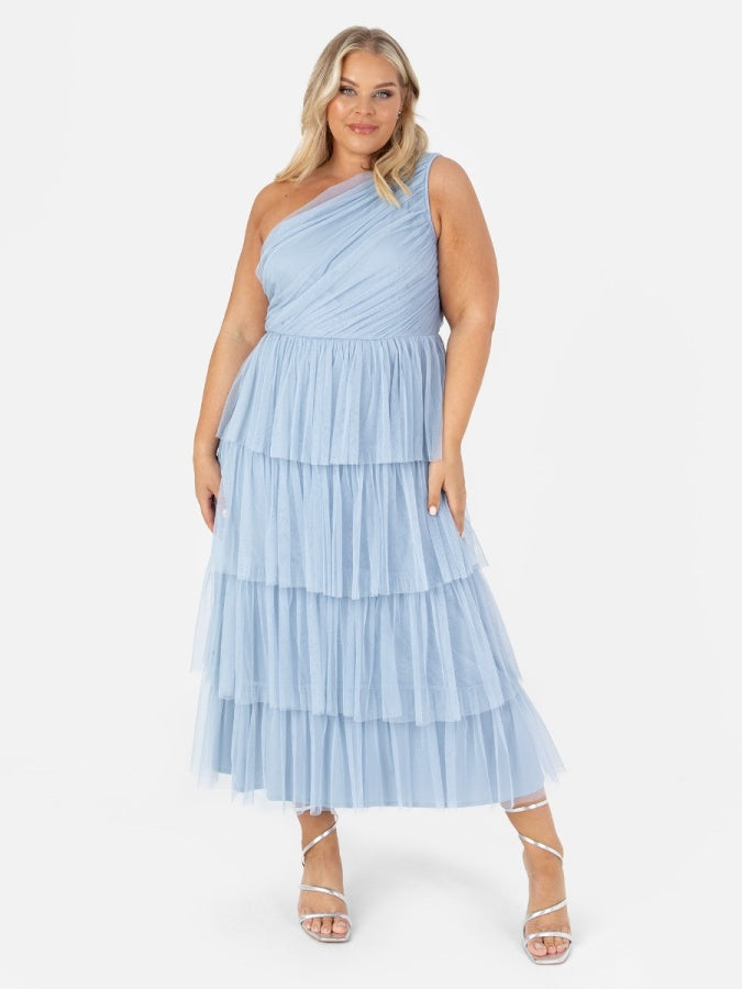 Anaya With Love Recycled Soft Blue One Shoulder Tiered Midi Dress