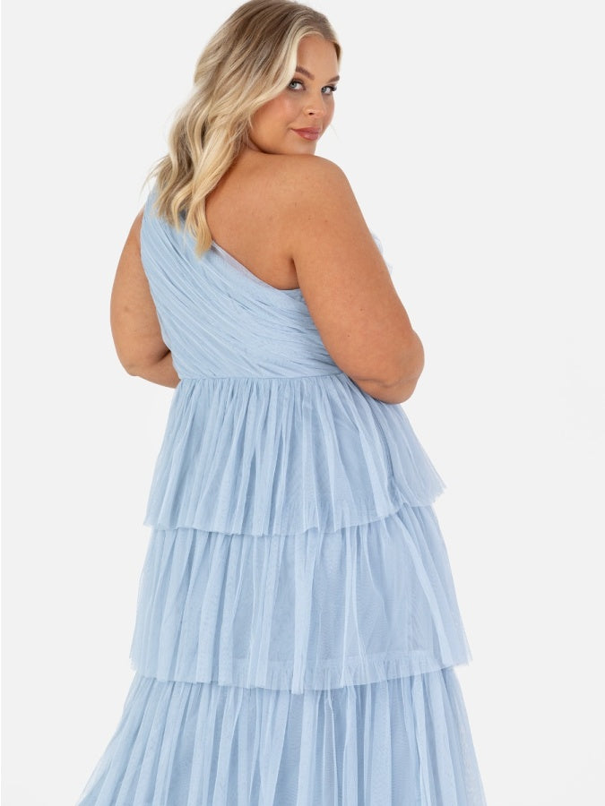 Anaya With Love Recycled Soft Blue One Shoulder Tiered Midi Dress