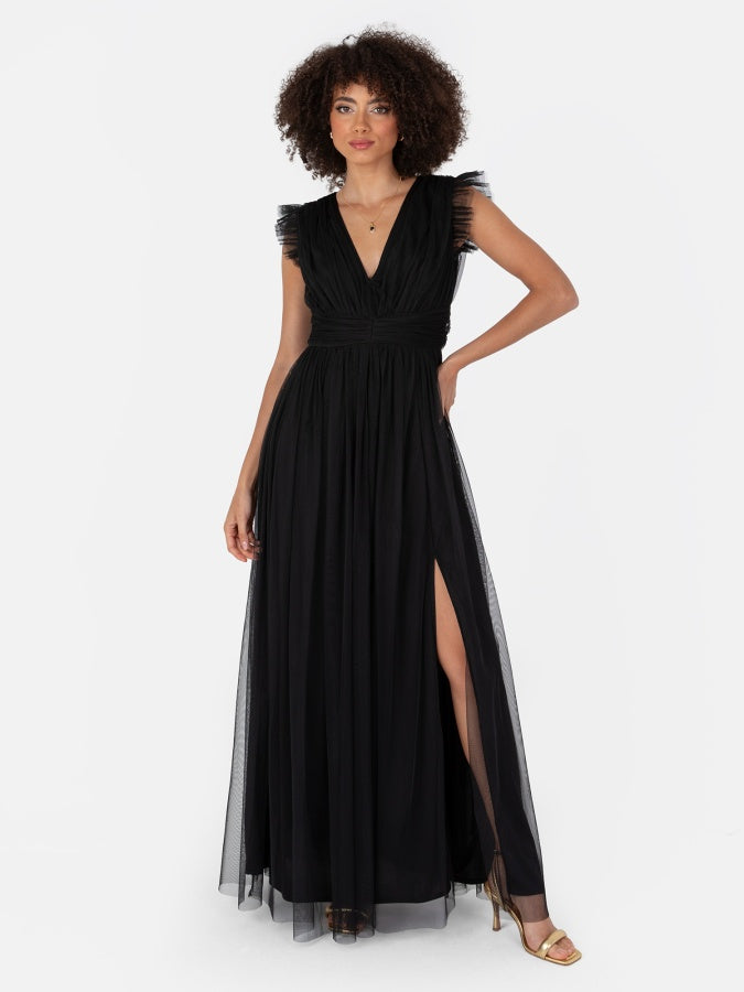 Anaya With Love Recycled Black Flutter Sleeve Maxi Dress