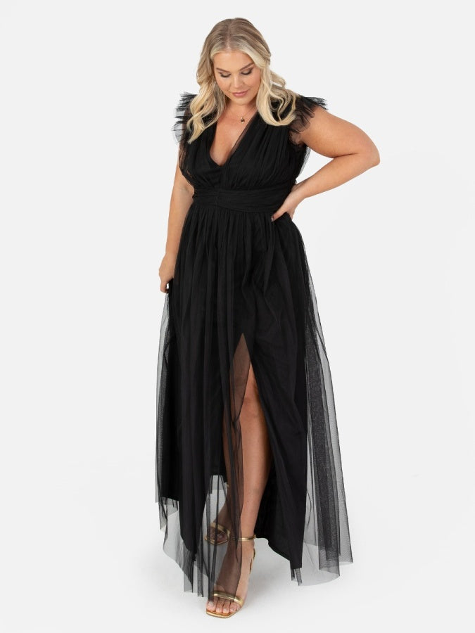 Anaya With Love Recycled Black Flutter Sleeve Maxi Dress