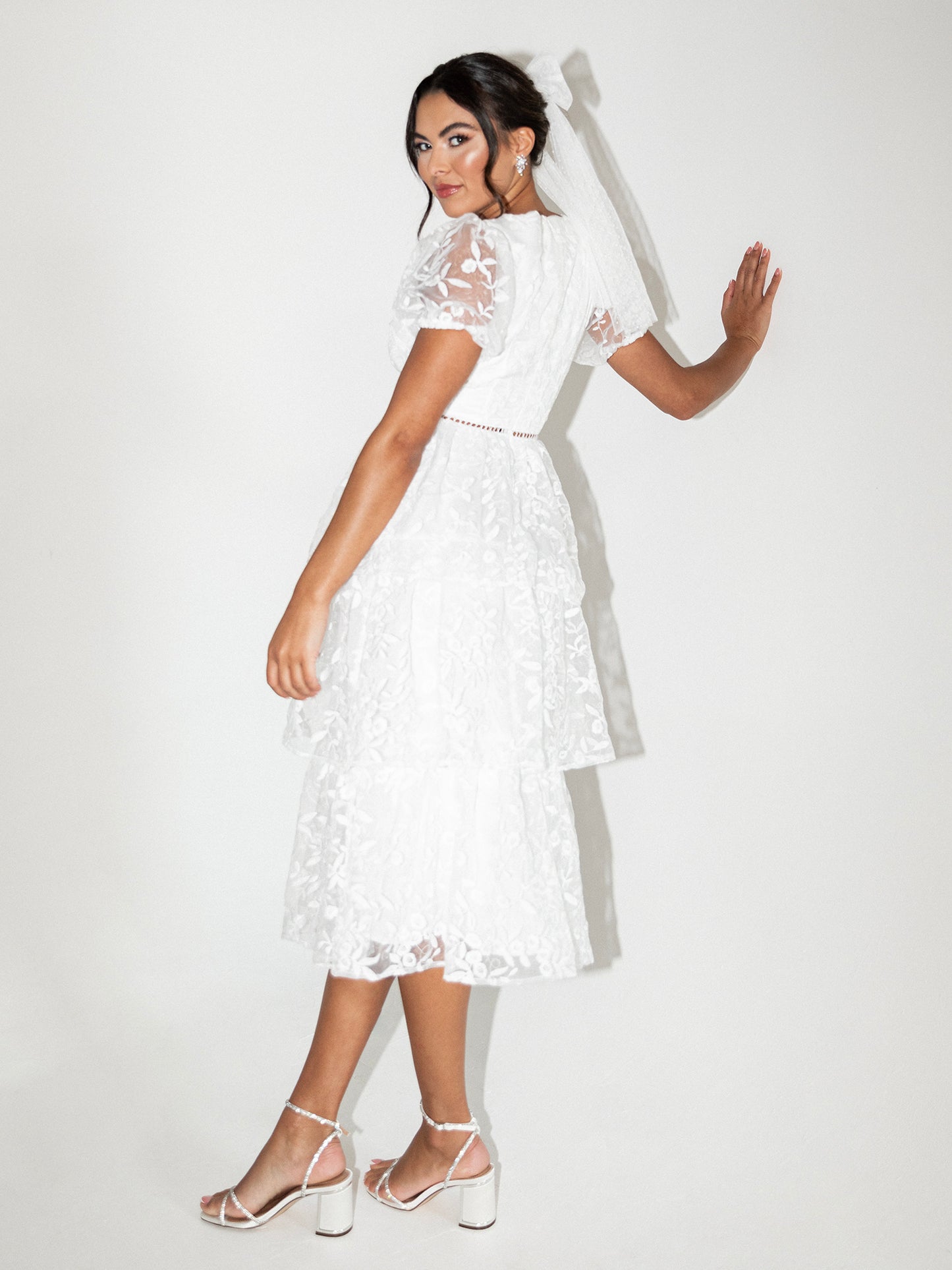 Maya White Floral Embroidered Tiered Organza Midi Dress