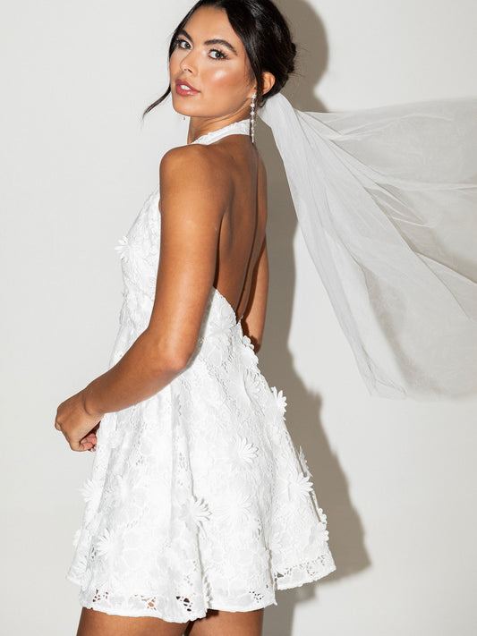 Maya White Halter Neck & Open Back Floral Lace Mini Dress