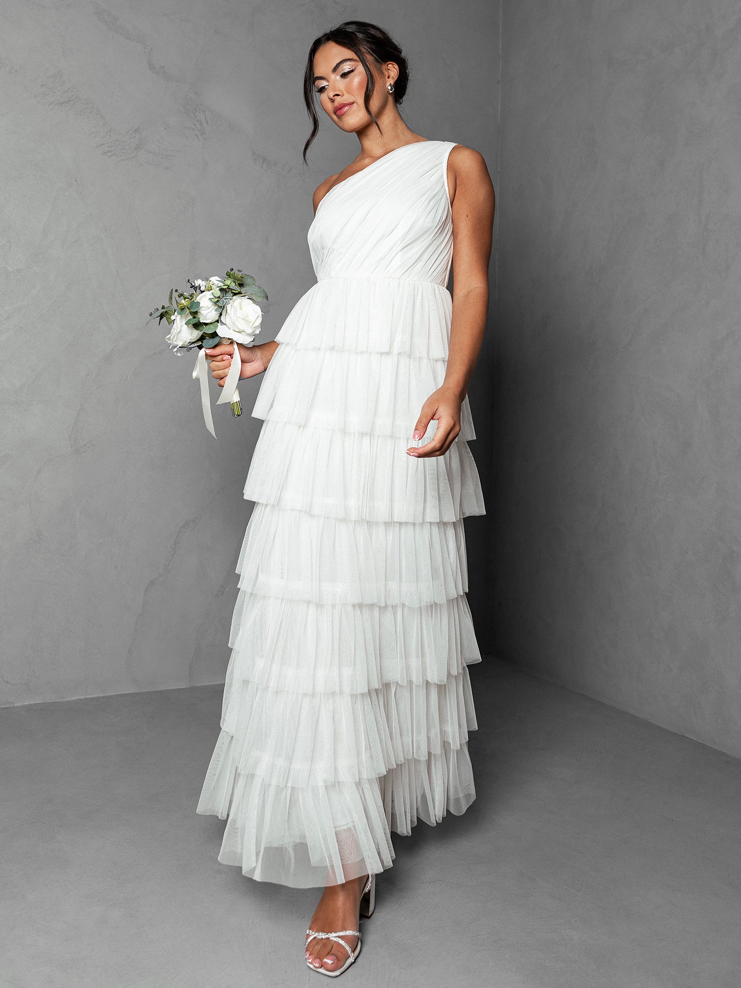 Anaya With Love Recycled White One Shoulder Ruffle Maxi Dress