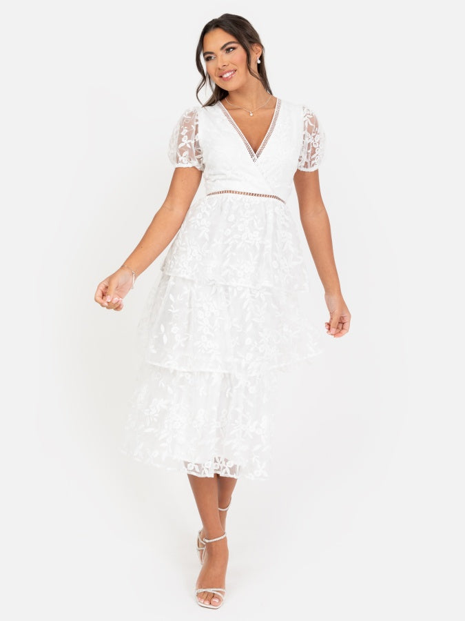 Maya White Floral Embroidered Tiered Organza Midi Dress