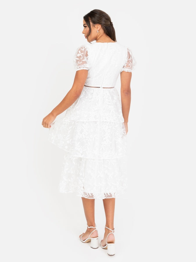 Maya White Floral Embroidered Tiered Organza Midi Dress