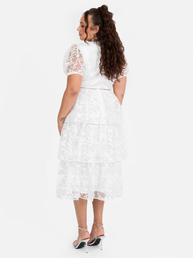 Maya White Floral Embroidered Tiered Organza Midi Dress