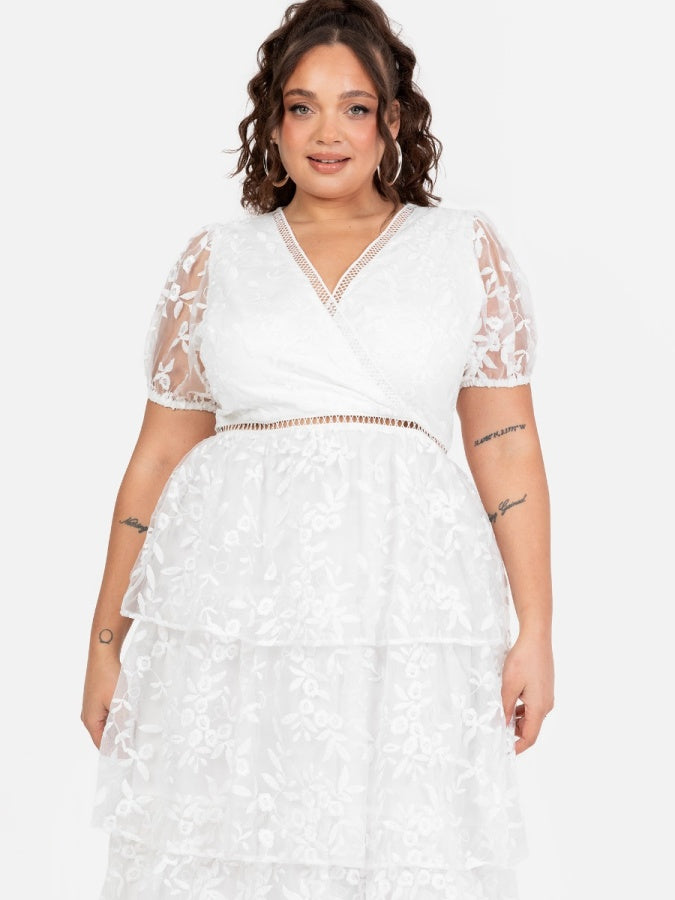 Maya White Floral Embroidered Tiered Organza Midi Dress