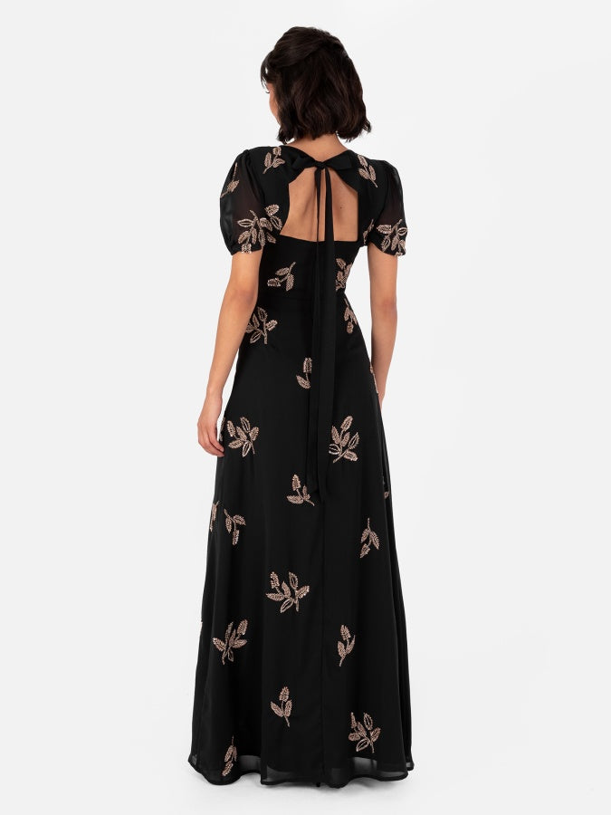 Maya Black Embellished Short Sleeve Maxi Dress with Open Back