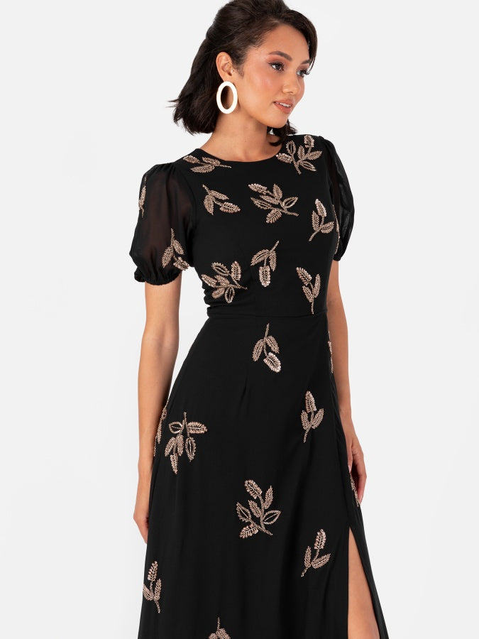 Maya Black Embellished Short Sleeve Maxi Dress with Open Back