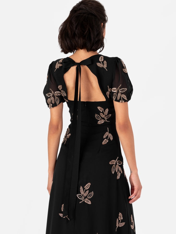 Maya Black Embellished Short Sleeve Maxi Dress with Open Back