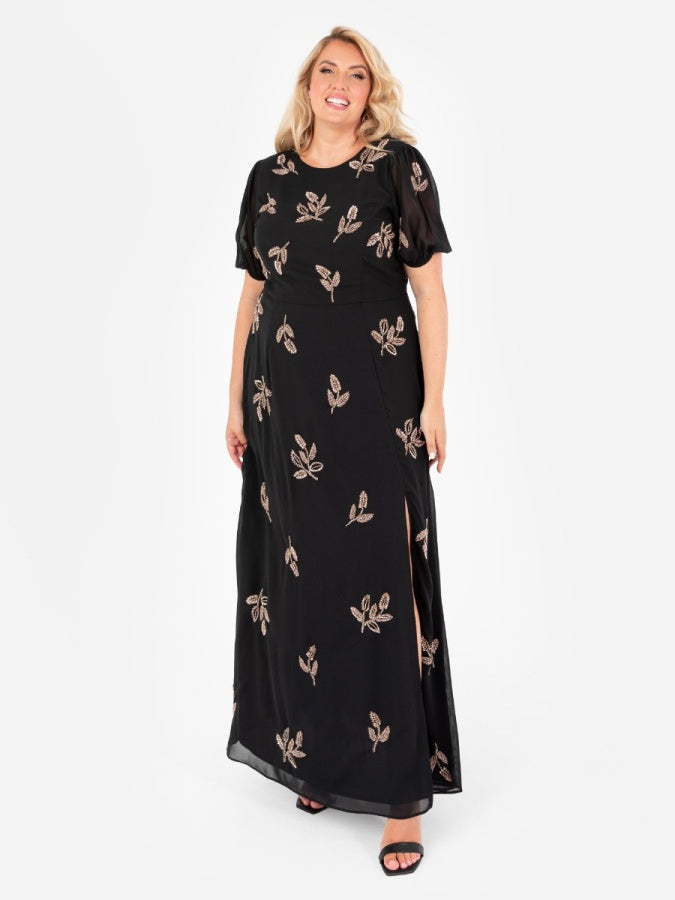 Maya Black Embellished Short Sleeve Maxi Dress with Open Back